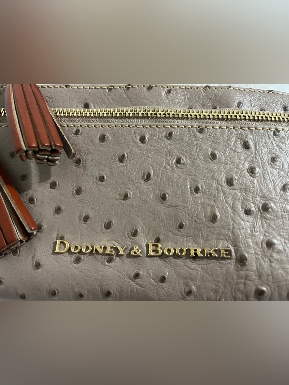 Dooney & Bourke Taupe Ostrich-Embossed Wristlet with Brown Tassels - Picture 2 of 9